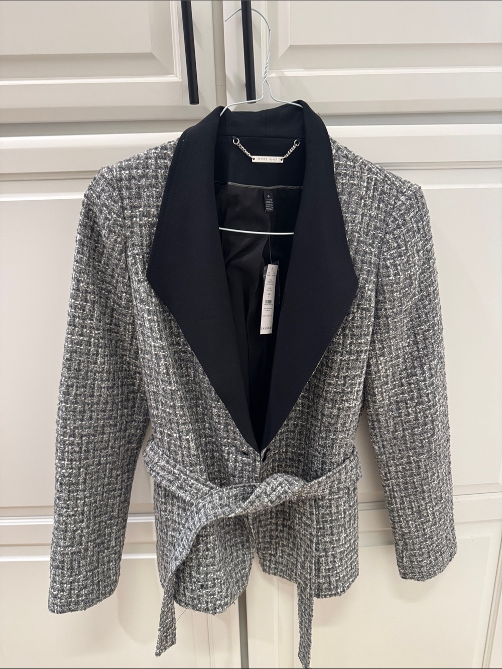 White House Black Market Gray Tweed Blazer with Black Lapel and Belt